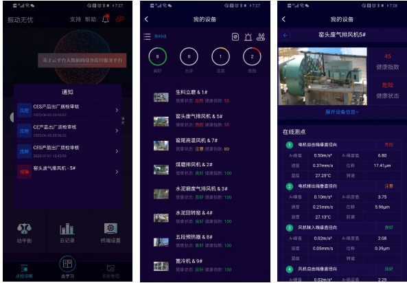 圖. 1 報警提醒（左）、設(shè)備健康總覽（中）、設(shè)備健康詳情（右）